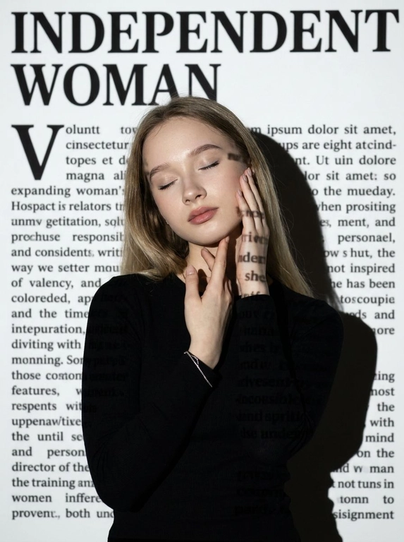 Использовать лицо с загруженной фотографии, максимально сохраняя её внешность без изменений. В кадре — человек по пояс, съёмка с уровня глаз. Голова слегка и элегантно наклонена, глаза спокойно закрыты. Поза выверена: правая рука касается правой щеки, левая рука расположена ниже — у основания шеи, пальцы мягко касаются линии челюсти. На нём минималистичный облегающий чёрный лонгслив с длинными рукавами и тонкий серебряный браслет на левом запястье. Всё пространство сцены оформлено с помощью контрастной проекции: проектор отбрасывает смелую чёрную типографику, включая заголовок «INDEPENDENT WOMAN» и колонки текста, на белый фон и на кожу человека. Вся задняя часть фона заполнена этой проекцией. Это создаёт сложное наложение теней и чётких букв. Атмосфера тихая, редакционная, с акцентом на гиперреалистичную текстуру кожи и микродетали без изменения оттенка кожи. Сцена снята на камеру Sony, с использованием 35mm и 85mm для создания профессиональной портретной глубины.