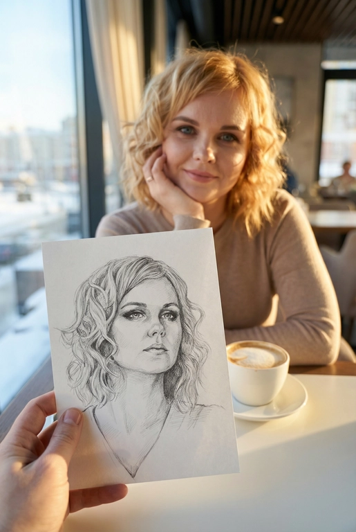Используя загруженное эталонное фото этого человека, сохрани его черты лица, тон кожи, цвет и длину волос на 100% идентичными исходному изображению. Не меняй форму лица, индивидуальность, возраст или выражение. Сохрани реалистичную текстуру кожи и поры, избегая пластикового сглаживания или чрезмерной ретуши. Создай изображение человека с предоставленной фотографии, не изменяя его внешность и естественные особенности.
Снимок от первого лица: на переднем плане видна рука, держащая карандашный набросок портрета. На заднем плане, в легкой расфокусировке, сидит человек, по образу которого сделан этот рисунок. Композиция создает визуальный диалог между реальностью и искусством.
Человек на фоне смотрит в камеру с легкой, естественной улыбкой, подпирая щеку одной рукой и слегка наклонив голову. Макияж (если присутствует) естественный. На карандашном наброске изображено то же лицо, но с более спокойным, задумчивым и погруженным в себя выражением.
Человек на фоне одет в аккуратную, нейтральную повседневную одежду. На рисунке человек изображен в более свободном, художественном образе.
Сцена происходит в светлом, минималистичном дорогом кафе. Человек сидит за столом. На заднем плане видно большое окно с размытым городским зимним пейзажем. Перед человеком стоит керамическая белая кружка с капучино.
Золотой час. Яркий, но мягкий рассеянный дневной свет из бокового окна падает на лицо человека, создавая естественные блики и мягкие тени, подчеркивая уютную атмосферу.
Фотореалистичный стиль, имитация снимка на смартфон или цифровую камеру с портретным объективом. Малая глубина резкости (эффект боке): карандашный набросок в руке находится в идеальной резкости, а человек и фон — мягко размыты. Карандашный набросок должен выглядеть максимально реалистично, с видимой текстурой бумаги и штриховкой.