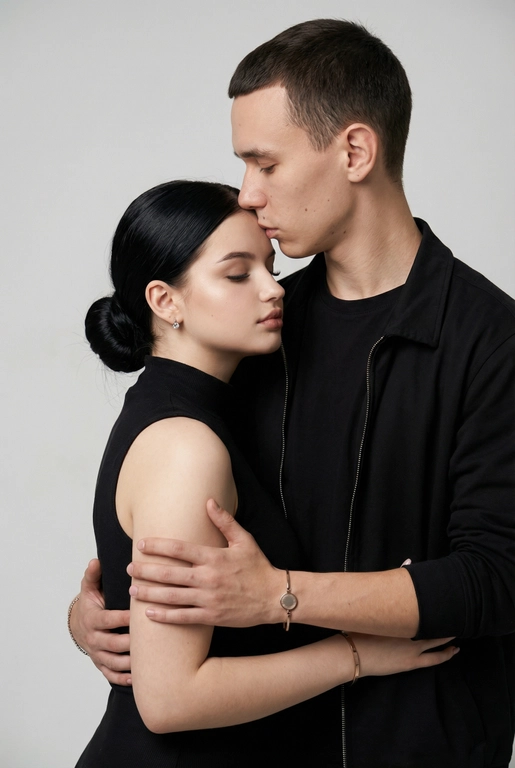  Мужчина и женщина позируют в студии в объятиях. Мужчина стоит позади женщины, обнимая её обеими руками; его тело повернуто к ней, голова слегка наклонена вниз, губы касаются её лба. Женщина немного отклоняет голову назад к его плечу, её глаза закрыты. Кадр — средний, от талии до головы, снят на уровне глаз. Композиция плотная, акцентирует линии рук и соприкосновение лиц. Женщина стоит, прямо обращённая к камере.
На ней облегающий чёрный топ без рукавов с высоким воротом, из плотной матовой ткани.
Мужчина одет в чёрную футболку и чёрную неброскую куртку. На обоих запястьях — тонкие металлические браслеты с минималистичными круглыми подвесками, а женщина носит небольшие светлые металлические серьги с гладкой поверхностью.
Обстановка минималистичная: однотонный светло-серый фон без текстуры.
Освещение — мягкий студийный свет: рассеянный фронтальный и боковой свет создаёт плавные переходы света и тени на лицах и руках. Тени мягкие, средней глубины. Контраст умеренный, без жёстких бликов. Свет равномерно распределён по фигурам, фон подсвечен мягко, без выраженных градиентов.
Съёмка на портретный объектив 85 мм, малая глубина резкости с чётким фокусом на лицах и руках; фон слегка размыт, текстуры кожи и ткани высоко детализированы. Это минималистичный студийный портрет, высокодетализированный и фотореалистичный.
Минималистичное романтическое студийное настроение, нейтральные тёплые тона кожи, низкая–средняя насыщенность, мягкое рассеянное освещение, средний контраст с нежными тенями, плавные переходы бликов, естественная передача кожи, чистый светлый фон, тонкий тональный баланс, современная мягкая редакционная цветокоррекция. Волосы женщины собраны в низкий, гладкий пучок с аккуратно уложенными прядями.