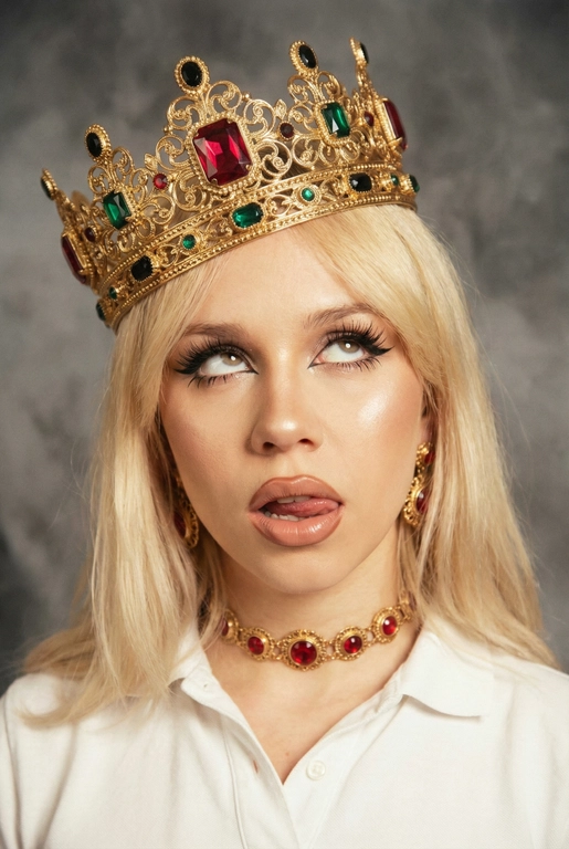 Создай фото -детальное описание художественного портрета девушки, выполненного в популярной современной эстетике, сочетающей элементы «е-qirl» и стиля «rebellious royalty» (бунтарская королевская особа).
:Центральный образ и внешность:
• Лицо и поза: Девушка позирует в дерзкой и провокационной манере.
Её глаза закатаны (или направлены сильно в сторону и вверх), а кончик языка слегка высунут. Это создает образ, сочетающий в себе игривость, бунт и некоторую отрешенность.
Элегантный макияж глаза с длинными острыми черными стрелками, длинные густые ресницы эффект лучики, нижние ресницы накрашены, хайлайтер во внутренних уголках и скулах.
Пухлые полностью прокрашенные телесной матовые губы слегка приоткрыты легкий блеск и светло-коричневый карандаш по краям. персиково-розового оттенка.
Не меняй мою прическу. 
Корона: На голове массивная высокая корона в винтажном стиле. Она украшена сложным филигранным узором и крупными драгоценными камнями: по центру расположен большой квадратный красный камень (рубин), по бокам - камни зеленого (изумруд) и черного цветов. Корона сидит немного небрежно, подчеркивая неформальность образа.
Ожерелья:
На шее надет чокер, выполненный в одном стиле с короной - цепочка с круглыми красными камнями в оправе. В ушах серьги по такому же типо как корона •
Фон: Нейтральный, дымчато-серый или слегка туманный. Он лишен деталей, что позволяет полностью сфокусировать внимание на ярких аксессуарах и лице модели.
Освещение и обработка: Свет мягкий, рассеянный. Фотография имеет характерную обработку с эффектом «зернистости» (пленочное зерно), что придает ей винтажный и художественный вид.
Цветовая гамма теплая, с акцентом на золото и красный цвет.
Общее впечатление:
Снимок транслирует идею современной интерпретации власти и красоты. Это противопоставление классического символа величия (короны) и современного неформального поведения.
Образ выглядит стильно и кинематографично и запоминающе, сильная вспышка. Корона цвета золота.