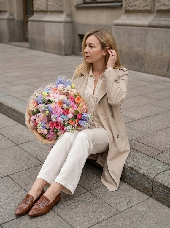 Женщина сидит на низком городском бордюре у старого здания. Не изменяй внешность, волосы, пол и возраст.Камера снимает сверху под лёгким углом. Вертикальный кадр почти в полный рост. Поза • женщина сидит на бордюре боком к камере; ноги вытянуты вперёд на тротуар и слегка согнуты; корпус немного наклонён вперёд; левая рука держит большой букет цветов на коленях; правая рука касается волос возле уха. Голова повернута в сторону, взгляд направлен влево от камеры. Букет • большой букет как на референсе с множеством разных цветов; Одежда • светлый бежевый тренч из плотного хлопка, под ним кремовый трикотажный топ на пуговицах и молочные шелковые прямые брюки. На ногах коричневые кожаные лоферы с острым носом с тиснением под крокодила. Макияж • натуральный макияж: ровный сияющий тон кожи, мягкий румянец, аккуратные брови, лёгкий макияж глаз, нюдовые губы. Аксессуары • минималистичные кольца, нейтральный глянцевый маникюр средней длины. Окружение • серый городской тротуар из плитки, старый фасад здания на заднем плане. Свет • мягкий дневной естественный свет. Атмосфера • Pinterest style, casual elegant street outfit, lifestyle photography. Съёмка • снято на iPhone, реалистичные цвета, лёгкая глубина резкости.