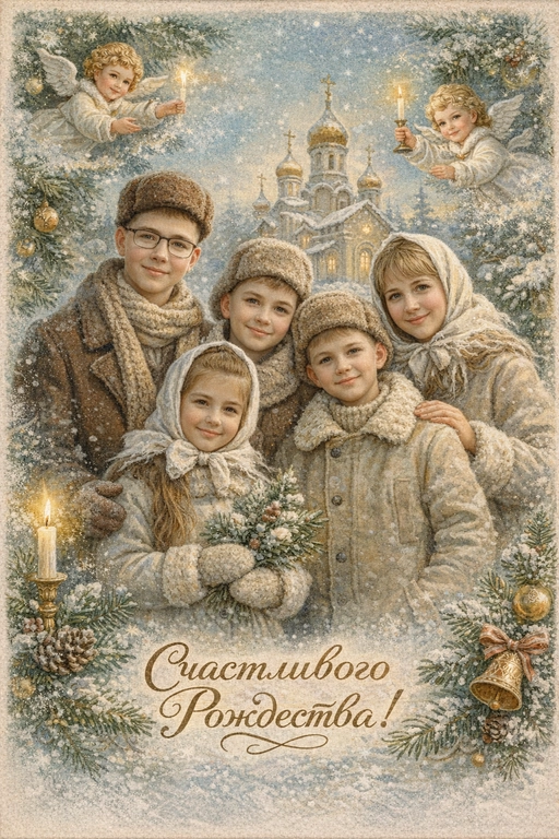 Создай винтажную рождественскую открытку со всеми людьми или одним человеком из предоставленных фотографий. Стиль - советские сказочные открытки 1950-1970-х годов, мягкая живописная иллюстрация, ощущение тепла и уюта. Композиция и формат: • Персонажи остаются в центре композиции • Фон - православная церковь, зимняя сказочная атмосфера Лица: • Лица сохранить максимально похожими на оригинальную фотографию (one-to-one likeness) • Без изменения черт лица, возраста и эмоций • Реалистичное сходство, аккуратная художественная стилизация без искажений. Одежда и образы: • Заменить современную одежду на старинную зимнюю советскую одежду. Если человек- женского пола , то добавь белый платок на голову. ⁠ Декор и детали:  • Хвойные ветки • ангелочки в сказочном стиле, церковные свечки • Лёгкий снег, морозные узоры Цвет и атмосфера: • Светлая, зимняя, мягкая цветовая палитра • Пастельные оттенки, эффект старой бумаги, легкое зерно • Сказочное, теплое новогоднее настроение  • Шрифт - изящный, рукописный, сказочный, в стиле советских открыток. Надпись: «Счастливого Рождества»