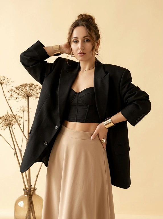 Фэшн-фотография: элегантная женщина  в массивном чёрном оверсайз-пиджаке, под ним чёрный корсет и бежёвая юбка с высокой посадкой, золотые украшения (широкие браслеты, крупное кольцо, тонкое колье, серьги-кольца); студийная съёмка на однотонном тёплом кремовом фоне, сзади огромная ваза с растение борщевик засохший, центральная композиция, кадр по бёдра, лёгкий низкий ракурс, динамичная поза — левая рука за головой, правая опущена у талии; мягкий рассеянный высокоключевой свет с деликатными тенями, тёплая тональность, минималистичное, уверенное и глянцевое настроение в стиле модного редакционного портрета, мягкая ретушь, акцент на текстурах ткани и рельефе живота, shallow DOF, объектив 50mm, апертура f/2.8, ISO 100, выдержка 1/160s, высокое разрешение, чёткая детализация.

Какая будет прическа?: Волосы собраны в небрежный пучок с выбившимися прядями