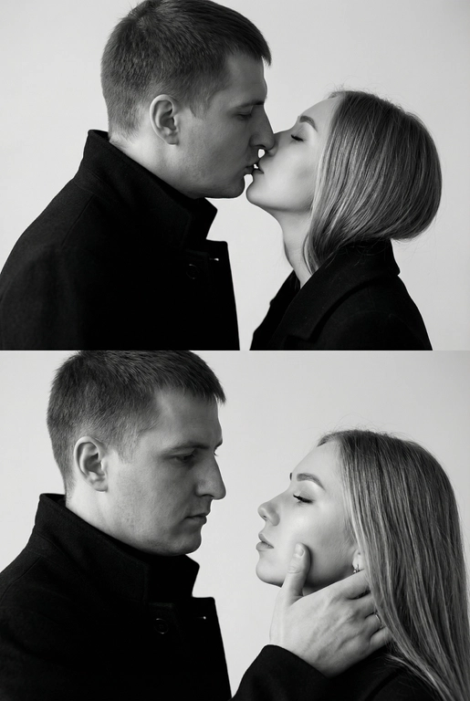   Не меняй внешность. Фотография представляет собой диптих (двойное изображение), выполненный в черно-белой гамме, который запечатлел пару в двух последовательных, нежных моментах. Общий стиль снимка — минималистичный и драматичный.
Верхний Кадр: Поцелуй
• Действие: Пара запечатлена в момент поцелуя.
• Мужчина: Слева, в профиль. Он одет в темное пальто или пиджак с высоким воротником. Его губы соприкасаются с губами женщины.
• Женщина: Справа, в профиль, с приподнятым подбородком, чтобы дотянуться до мужчины. У нее тонкие, изящные черты лица. Она одета в похожее темное пальто с воротником-стойкой.
• Эмоция: Кадр передает интимность и сосредоточенность на моменте соприкосновения.
Нижний Кадр: Нежность и Взгляд
• Действие: Мужчина и женщина смотрят друг на друга (или почти смотрят) на очень близком расстоянии.
• Мужчина: Слева, в профиль. Выражение его лица более серьезное и задумчивое. Он смотрит прямо на женщину.
• Женщина: Справа. Ее голова немного запрокинута, а глаза почти закрыты, что придает моменту большую чувственность.
• Взаимодействие: Рука мужчины (похоже, его правая рука) нежно поддерживает ее лицо сбоку, держа ее за челюсть/подбородок. Это движение подчеркивает заботу и глубокую эмоциональную связь между ними.
Общий Стиль и Композиция
• Цвет: Использование черно-белой палитры исключает отвлекающие цвета и усиливает драматизм, фокусируя внимание зрителя на контурах, текстурах и эмоциях.
• Одежда: Оба одеты в простые, темные вещи, которые гармонируют с общим настроением снимка.
• Фон: Однотонный, нейтральный, светлый фон (возможно, белая или светло-серая студийная стена), который создает сильный контраст с темной одеждой пары.
• Композиция: Диптих, разделенный горизонтальной линией, показывает два мгновения близости, создавая историю или последовательность.
Снимок производит впечатление элегантной, высококлассной модной или арт-фотографии, посвященной теме глубокой, серьезной любви и страсти.
