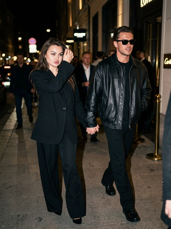 Ultra-realistic nighttime paparazzi-style photograph. A candid shot of a couple walking at night. The woman walks in front, brushing her hair back with one hand, while the man walks slightly behind her at a diagonal angle. They are holding hands. The camera is positioned slightly above eye level with a close zoom.
Preserve the celebrity magazine photography aesthetic exactly.
The faces MUST NOT change. The original facial features, eyes, nose, lips, hairline, and skin texture must remain completely identical. There should be no AI-generated look.

The man is wearing a loose oversized black leather jacket and Ray-Ban sunglasses. Charismatic, wealthy, and stylish look.
The scene is shot at night with a harsh paparazzi flash. In the background, there are blurred city lights and the atmosphere of a luxury venue. The photo should look as if a celebrity couple was secretly photographed by paparazzi, natural yet professionally captured.
Canon EOS R5, 85mm lens, ultra-realistic skin texture, cinematic lighting, natural motion, Vogue and celebrity magazine aesthetic.
IMPORTANT:
* The woman walks in front, the man walks behind.
* The woman appears to be brushing her hair back with one hand.
* The woman and man are holding hands.
* The shot should look as if a paparazzi flash has just fired.
* Do not alter, beautify, or transform the faces into different people.

Выберите одежду для девушки: : The woman is wearing a black old money outfit: relaxed yet extremely elegant, with an oversized black blazer or a loose black top, wide black trousers, and a luxurious minimal appearance. Quiet luxury aesthetic.