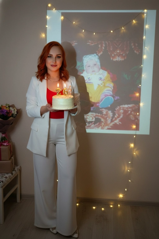 Создай ультрареалистичное фото, сделанное на камеру телефона в комнате, где изображен человек, который держит бенто торт с горящими золотыми свечами. В качестве фона на однотонную стену проецируется фотография из детства. Спроецированное фото занимает большую часть фона. Сочетание образов взрослого человека и ребёнка на фоне создаёт тёплую, ностальгическую атмосферу, подчеркивая связь между прошлым и настоящим. На стене висят гирлянды, рядом со стеной виднеются подарки и букет цветов. Снимок выглядит очень стильным и продуманным, присутствует ощущение праздника и воспоминаний. Не меняй внешность, полностью сохрани черты лица. Свечи на торте в форме числа 26 Женщина одета в белых брюках полоццо пиджак белый и красный топ