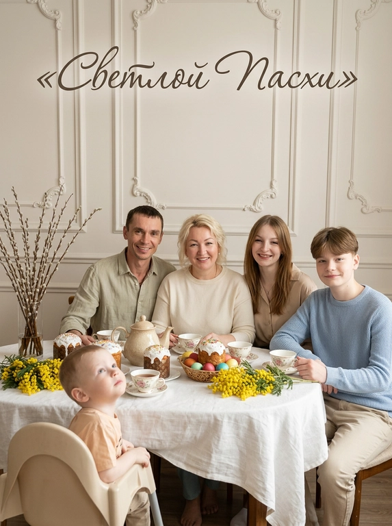 Создай фотореалистичную пасхальную открытку в светлой домашней эстетике. Используй количество персонажей в соответствии с референсами: если на фото один человек, то на открытке должен быть один. Если несколько - то несколько персонажей. Персонаж или персонажи собрались за праздничным столом и смотрят прямо в камеру. Сохрани черты лица, внешность и узнаваемость, не изменяй их.
На фоне светлая интерьерная стена с лепниной. Перед  персонажем или персонажами стоит праздничный стол с белой скатертью. На сервированном столе расположены чайные чашки, куличи, фарфоровый чайник, пасхальные яйца, желтые мимозы и ваза с высокими веточками вербы. На персонаже / персонажах светлая одежда в натуральной гамме.
Сцена должна выглядеть естественно и по-семейному тепло: живые лица, мягкие эмоции, натуральная кожа, легкая повседневная нарядность, без излишней постановочности. Освещение мягкое, естественное, дневное. Композиция, Сбалансированная, чистая, вертикальная, как у праздничной открытки. В верхней части изображения элегантным курсивом добавлена надпись на русском языке: «Светлой Пасхи».