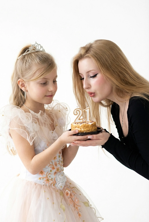 Фотореалистичный портрет в минималистичном стиле: на белом чистом фоне стоят взрослый человек и маленький ребёнок. Ребёнок держит торт и протягивает его взрослому человеку, чтобы он задул свечи с цифрой «». Фото выполнено с лёгкой зернистостью.
Атмосфера уюта, тишины и нежности. Высокая резкость, естественные пропорции, реалистичная фотография, художественный стиль. 21