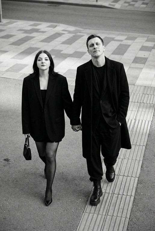 Черно-белая художественная фотография, ультрареализм, 8K, профессиональная съёмка; (оба): в кадре мужчина и женщина; каждый персонаж жёстко привязан к своему загруженному референсу, лица используются напрямую, без генерации, усреднения, подмены или смешения. Вид сверху под углом. Они идут по городской улице, держась за руки; шаг в движении, эффект «пойманного кадра». Смотрим вверх в камеру, выражение спокойное, уверенное, отстранённое.
Полностью чёрные образы modern classic: женщина — оверсайз-пиджак, короткое платье/юбка, плотные колготки, остроносые каблуки, маленькая сумка; мужчина — длинное пальто, свободный костюм, массивные ботинки.
Фон: асфальт, плитка, тактильная дорожка, геометрия.
Контрастный свет, мягкие тени, высокая детализация тканей.
Стиль: black & white, cinematic, high fashion, editorial, minimalism, street photography.
Качество: ultra high resolution, sharp focus, film grain, без ретуши.

