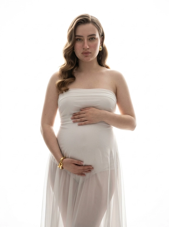 Ultra-realistic high-fashion maternity portrait, framed from knees up. Woman stands centered against a pure white seamless studio background. She wears a strapless sculptural white gown made of sheer layered chiffon and silk, tightly fitted over the pregnant belly and hips, flowing softly downward with translucent folds. The dress emphasizes the round belly clearly and elegantly.

Pose: body slightly angled, both hands gently resting on the belly, one above and one below. Gaze directed straight into the camera, calm, powerful, intimate. Posture upright and confident.

Jewelry minimal: bold gold earrings and a sculptural gold bracelet.

Lighting: high-key studio lighting from behind and slightly from the sides, creating a glowing halo effect around the silhouette, soft rim light outlining the body, gentle frontal fill to keep facial features clear. No harsh shadows, smooth tonal transitions, depth and volume preserved.

Skin looks real and natural with visible texture, no smoothing, no CGI. Editorial luxury maternity aesthetic, timeless, emotional, refined. No text, no logos, no watermark.

Причёска: Hair styled in large polished Hollywood waves with soft volume, falling elegantly over one shoulder.