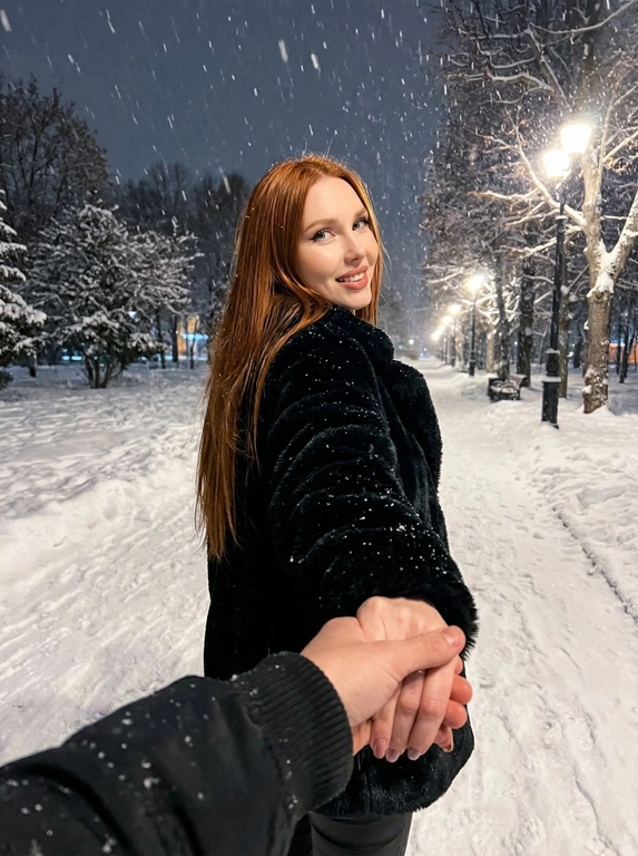   Создай на этом фото романтический и слегка меланхоличный момент, снятый от первого лица (POV) ночью, на фоне зимнего городского парка.

Главный объект — девушка:
В центре кадра — молодая девушка с длинными блестящими ухоженными волосами. Её лицо полностью открыто и хорошо видно. Девушка держит парня за руку и резко оборачивается через плечо, мило улыбается Взгляд направлен прямо в камеру

Одежда и детали:
На девушке объёмная укороченная чёрная шуба, выглядящая уютной и современной, идеально подходящей для зимней ночной прогулки.

Взаимодействие:
На переднем плане видна рука парня — это рука человека, который делает снимок. Их пальцы переплетены, что создаёт классический сюжет «follow me» (следуй за мной) и подчёркивает близость пары. Рука парня одета в чёрную куртку с ребристыми манжетами.

Окружающая обстановка:
• Место: ночной заснеженный городской парк
• Пейзаж: справа — деревья, густо покрытые снегом, и уличные фонари с мягким тёплым светом
• Атмосфера: зимняя эстетика — прохладное, немного грустное, но очень уютное настроение. В воздухе видны крупные хлопья падающего снега, создающие ощущение движения и глубины кадра.

Общее впечатление:
Фотография передаёт момент прогулки, наполненной движением, ветром и эмоциональной близостью. Кадр выглядит как стоп-кадр из лайфстайл-блога или короткого видео для Reels/TikTok, где романтичное начало создаёт интригу и ощущение неожиданного поворота.

Соотношение сторон: 3:4