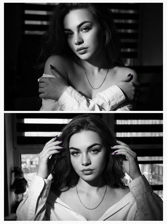 👇🏻Промт:

Создай коллаж из 2х фотографий, не меняя черты лица. Черно-белый художественный портрет молодой женщины в стиле нуар. Крупный план, чувственная и загадочная атмосфера. Девушка с объемными волосами и выразительными губами обнимает себя за плечи. Безупречный макияж. На ней белая рубашка , которая спущена с плеч, на шее тонкая короткая золотая цепочка. Драматичное контрастное освещение (киароскуро), создающее глубокие тени: лицо и одно плечо ярко освещены направленным светом, остальное погружено во тьму. На заднем окно с фото ,Текстура кожи реалистичная, видна легкая зернистость кинопленки 35 мм. Высокая детализация, эстетика старого Голливуда, минимализм.
на нижнем фото девушка смотрит четко в камеру, руками касается волос. На двух кадрах одна и та же девушка, в одинаковом образе. Ногти мендальные фиолетовые .

#женское@promtjulia 
#промт #промпт #prompt #нейросеть #фотоназаказ #женщина #girl #women #красивая #девушка #эстетика