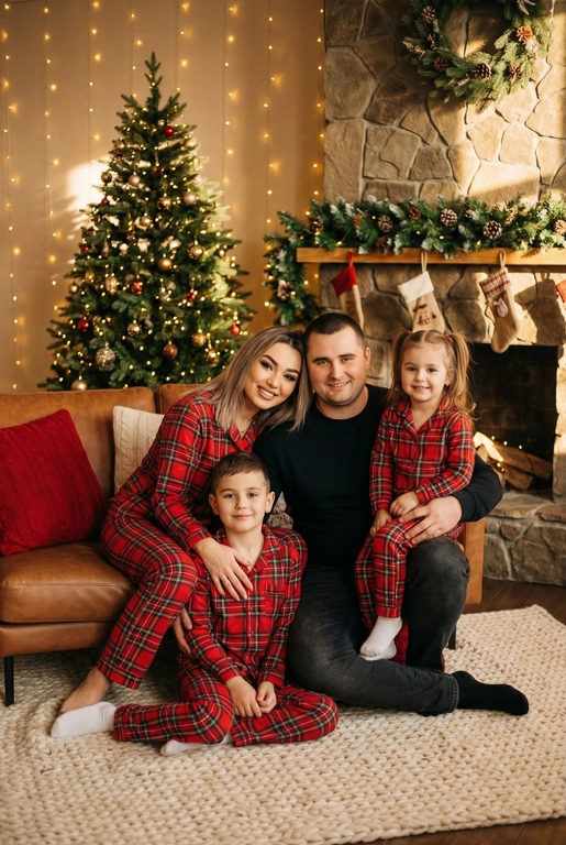   Создай трогательный кадр из профессиональной фотосессии в студии, где запечатлен момент семейной близости. Люди на фото могут быть как взрослыми так и детьми, в зависимости от предоставленных фото. Сделай так, чтобы все они смотрелись гармонично и трогательно. Фото в стиле Энни Лейбовиц, четкий фокус.

Люди в расслабленных позах на низком коричневом кожаном диване и на плотном светлом вязаном ковре. Естественные прически и минимальный макияж. 

Студия украшены в рождественском или новогоднем стиле, рядом с диваном стоит елка, позади дивана камин. Каминная полка украшена еловой гирляндой, шишками и маленькими рождественскими носочками. На диване красные декоративные подушки. В студии висят теплые гирлянды и мягко светятся.  

На фото видно лица людей и они смотрят в камеру.
 
Освещение мягкое, естественное, теплое, в стиле "Золотой час", мягкие тени, камера на уровне глаз, теплый цветовой грейд (золотисто-коричневые тона), натуральные оттенки, тонкая ретушь, мягкая пленочная текстура, атмосфера уюта, семейного тепла и близости. Одежда в стиле классических красных пижам в клетку 