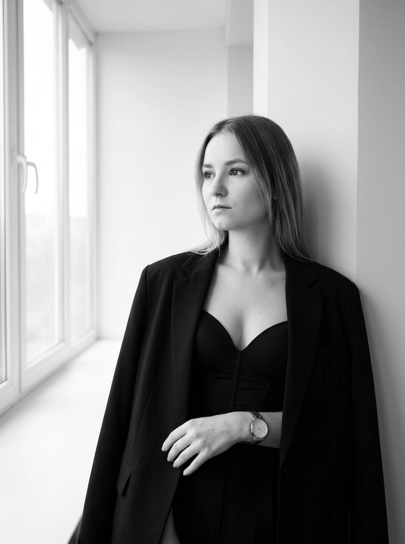 Женщина слегка наклонилась к стене в углу комнаты. Сохрани лицо и черты лица с оригинального фото. На ней надет большой чёрный пиджак, накинутый на плечи, и чёрный лаконичный топ-корсет с V-образным вырезом. Женщина стоит, смотря в сторону окна вдаль, выражение лица спокойное и уверенно задумчивое. Она слегка опирается на стену, положив руку на пиджак. Комната светлая, с большими окнами слева, пропускающими естественный свет. Общая атмосфера спокойная и стильная, подчёркивающая элегантность и минимализм. Положение женщины в кадре — справа от центра. Освещение мягкое, естественное, создающее ощущение минимализма и простоты. Фотография выполнена в чёрно-белом стиле, подчёркивающем контрасты и текстуры. Атмосфера спокойная, элегантная и немного загадочная. Максимально близкий ультрареалистичный 8K портрет.