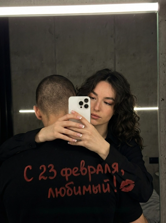 Ультрареалистичное кинематографичное зеркальное селфи пары. Строго сохранить лица из референса без изменений: возраст, пропорции, форму глаз, носа и губ, текстуру кожи, линию подбородка. Не изменять черты лица.

Локация: Серый лофт, low-key атмосфера.

Композиция: мужчина стоит спиной к камере, его лицо полностью не видно (back fully facing camera); за его спиной женщина обнимает его и снимает зеркальное селфи. Она держит белый смартфон Apple iPhone 16 Pro двумя руками. Фокус на руках и телефоне, френч квадратный маникюр. Физически корректное зеркальное отражение, без искажений..

Образ девушки: безупречный макияж, лёгкое сияние кожи.

Свет и стиль: подсветка от зеркала сверху-спереди, мягкие тени, тонкая горизонтальная световая линия на фоне. 50-85 мм, f/2-2.8, малая ГРИП; киноконтраст, плёночное зерно, high-end editorial, 8K.

Сцена полностью показана через отражение в зеркале, единственный источник изображения  — это отражение.

Ваша надпись красной помадой на зеркале: С 23 февраля, любимый!💋

Ваша одежда: Мужчина и женщина одеты в чёрной рубашке;