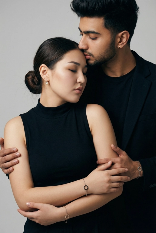   Мужчина и женщина позируют в студии в объятиях. Мужчина стоит позади женщины, обнимая её обеими руками; его тело повернуто к ней, голова слегка наклонена вниз, губы касаются её лба. Женщина немного отклоняет голову назад к его плечу, её глаза закрыты. Кадр — средний, от талии до головы, снят на уровне глаз. Композиция плотная, акцентирует линии рук и соприкосновение лиц. Женщина стоит, прямо обращённая к камере.
На ней облегающий чёрный топ без рукавов с высоким воротом, из плотной матовой ткани.
Мужчина одет в чёрную футболку и чёрную неброскую куртку. На обоих запястьях — тонкие металлические браслеты с минималистичными круглыми подвесками, а женщина носит небольшие светлые металлические серьги с гладкой поверхностью.
Обстановка минималистичная: однотонный светло-серый фон без текстуры.
Освещение — мягкий студийный свет: рассеянный фронтальный и боковой свет создаёт плавные переходы света и тени на лицах и руках. Тени мягкие, средней глубины. Контраст умеренный, без жёстких бликов. Свет равномерно распределён по фигурам, фон подсвечен мягко, без выраженных градиентов.
Съёмка на портретный объектив 85 мм, малая глубина резкости с чётким фокусом на лицах и руках; фон слегка размыт, текстуры кожи и ткани высоко детализированы. Это минималистичный студийный портрет, высокодетализированный и фотореалистичный.
Минималистичное романтическое студийное настроение, нейтральные тёплые тона кожи, низкая–средняя насыщенность, мягкое рассеянное освещение, средний контраст с нежными тенями, плавные переходы бликов, естественная передача кожи, чистый светлый фон, тонкий тональный баланс, современная мягкая редакционная цветокоррекция.

Волосы женщины собраны в низкий, гладкий пучок с аккуратно уложенными прядями.