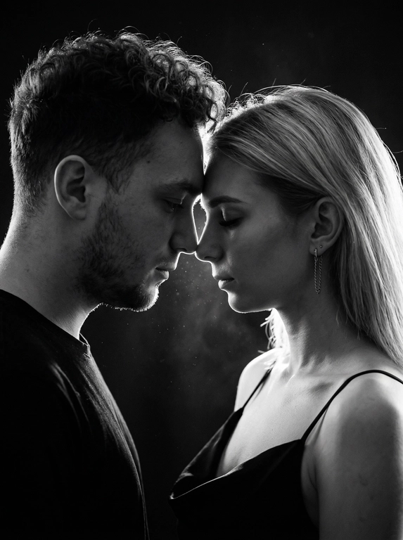 Фотореалистичный чёрно-белый кинематографичный портрет пары в тёмной студии. Сохранить внешность по загруженным фото: черты лица, пропорции, возраст, форму глаз/носа/губ, текстуру кожи и естественную мимику — без идеализации и изменений.
Крупный план по пояс, профиль к профилю. Мужчина слева, женщина справа. Они стоят очень близко, лбы и кончики носов почти соприкасаются, момент «перед поцелуем». Взгляд опущен (не в камеру): он смотрит вниз/на её губы, она закрывает глаза или смотрит вниз, выражение тихое и нежное. Между ними минимальная дистанция, без улыбок, атмосфера интимная и спокойная.
Мужчина в тёмной рубашке/пиджаке. Женщина в чёрном платье/топе на тонких бретелях, открытые плечи, серьга-цепочка, кожа с естественным бликом.
Свет: жёсткий контровой/рисующий свет сзади и чуть сбоку (rim light), сильная световая окантовка по волосам и профилям, передняя часть лица в мягкой полутени. В воздухе видны мелкие пылинки/частицы, подсвеченные контровым светом, лёгкий кинематографичный дым/хейз (очень деликатно). Фон полностью чёрный, без деталей.
Оптика/съёмка: 85mm, f/1.8-2.2, малая ГРИП, резкость на линии нос-лоб, остальное плавно уходит в мягкое боке.
Высокий контраст, глубокие чёрные, яркие хайлайты по волосам, плёночное зерно, лёгкий glow на контуре, без «пластика» и без пересвета на коже.