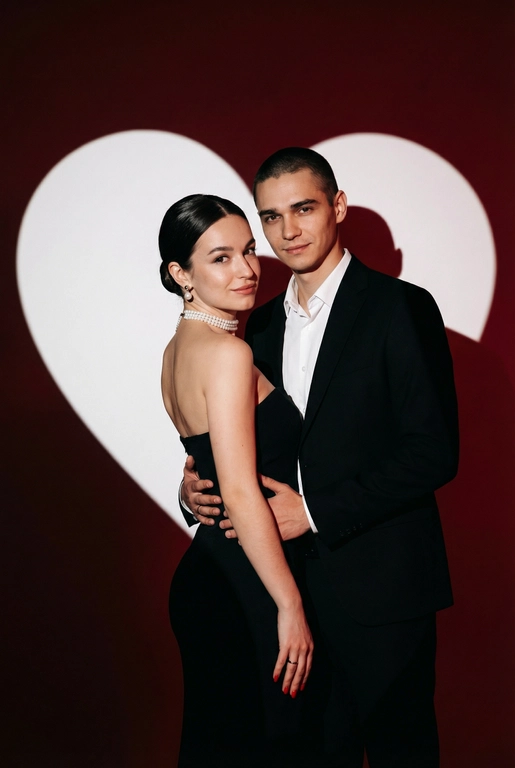 Фотореалистичный редакционный крупный портрет по пояс для пары по референсным фото. Мужчина и женщина позируют вместе, стоят близко. Мужчина одной рукой приобнимает женщину за талию. Фон: тёмно-красный студийный задник, большое белое сердце, проецируемое на стену. Сохранить внешность обоих: реальные черты лица, естественная текстура кожи, реальный цвет и длина волос, без ретуши и изменений. Женщина: облегающее чёрное вечернее платье без бретелей с небольшим разрезом, жемчужный чокер, жемчужные серьги, красный маникюр. Поза в три четверти, спина слегка выгнута, одна рука на поясе или касается руки мужчины. Лёгкая улыбка, взгляд в камеру. Мужчина: чёрный классический костюм, белая рубашка. Прямая осанка, уверенная поза. Взгляд в камеру, легкая улыбка. Свет: драматическое боковое студийное освещение, высокий контраст, чёткие тени на фоне. Композиция: вертикальный кадр по пояс, пара в центре, негативное пространство вокруг сердца. Стиль: фотореализм, модная редакционная съёмка, кинематографическая цветокоррекция (тёплые красные, глубокие чёрные), высокая детализация. Прическа: гладкий низкий пучок.