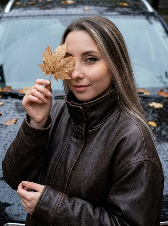 Осенний бьюти-портрет крупным планом. Лёгкий low-angle. Женщина стоит вполоборота вправо к камере. Женщина со стрелками закрывает один глаз кленовым листом у мокрого автомобиля. В одной руке она держит сухой кленовый лист перед одним глазом, глядя в кадр. Лёгкая улыбка на губах. Нюдовый маникюр. Другая рука опущена вниз вдоль тела.
На женщине оверсайз-куртка из тёмно-коричневой кожи с высоким воротом-стойкой.
Фон: глянцевый чёрный автомобиль с каплями дождя и прилипшими листьями. Прохладный рассеянный свет подчёркивает стрелки, прожилки листа, зернистую фактуру кожаной куртки и капли на лаке машины.
Стиль lifestyle-блога. Камера: 85mm, f/2.0, ISO 100, RAW. Звенящая резкость на открытом глазе, стрелке, листе и воротнике куртки, мягкое боке фона. Visible pores, no plastic skin, no AI smoothing.

Причёска: Не менять прическу