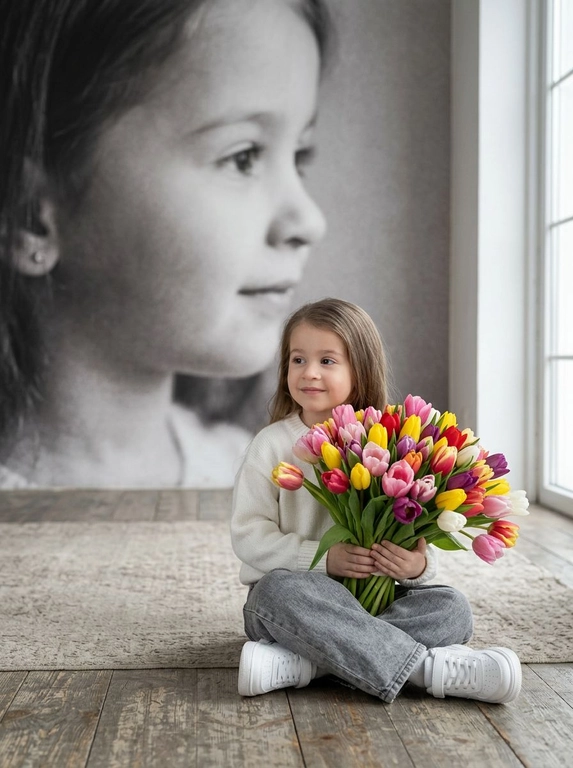 Создай портрет, не меняя черты лица, и превратите его в художественный портрет.
Ребенок сидит на полу в изящной позе, в белой кофте, мягких свободных серых джинсах и белых спортивных кроссовках. Ребенок держит в руках огромный букет ярких разноцветных тюльпанов.
Выражение лица — лёгкая улыбка, ребенок смотрит в сторону. 
Фон — тот же его профиль, в мягком крупном чёрно-белом художественном стиле, крупный план сбоку.
Композиция должна быть художественной, мягкой, реалистичной.
Создай изображение, которое выглядит как настоящая фотография. 
Не меняй черты лица.