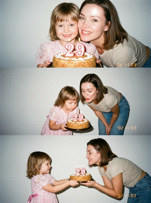 Вертикальный коллаж из трёх фотографий в эстетике 2000-х и Y2K фотосессия проходит в минималистичной студии на нейтральном светлом фоне жёсткое прямое освещение от вспышки создаёт резкие тени на стене позади и лёгкий эффект пересвета характерный для цифровых камер начала 2000-х на фотографиях взрослая модель и её детская версия маленький ребёнок взаимодействуют друг с другом это один и тот же человек в разном возрасте первая фотография крупный план взрослая модель и ребёнок стоят очень близко к камере ребёнок держит праздничный торт со свечами в форме цифры взрослая модель слегка наклоняется к торту они оба смотрят в камеру выражение лица живое и эмоциональное вторая фотография общий план в полный рост ребёнок и взрослая модель вместе наклоняются и задувают свечи на торте ребёнок с интересом и радостью смотрит на огоньки свечей третья фотография средний план ребёнок протягивает торт взрослой модели будто предлагает задуть свечи взрослая модель наклоняется ближе они улыбаются и взаимодействуют друг с другом атмосфера тёплая ностальгическая с ощущением воспоминания и времени на каждой фотографии на торте свечи в форме цифр композиция минималистичная с акцентом на взаимодействие винтажная цифровая текстура лёгкая зернистость мягкая размытость лёгкий гламурный оттенок начала 2000-х фотореалистичный стиль



Какая будет цифра: На торте свечи в виде цифры 29