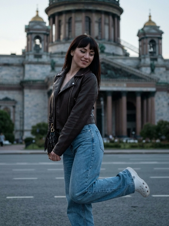 Дорогой lifestyle-момент, но снят случайно, как живой кадр из Pinterest без постановки. Фотореализм, RAW, 8K, пониженная экспозиция, мягкий естественный вечерний тусклый свет, спокойная нейтральная цветовая гамма, без глянцевой обработки. Снято на iPhone 16, с лёгкой естественной зернистостью, живо и атмосферно.

Женщина стоит почти фронтально к камере, корпус слегка развёрнут в сторону. Вес тела полностью перенесён на одну прямую опорную ногу. Вторая нога слегка приподнята над землёй и согнута в колене: колено мягко выведено вперёд к центру силуэта, а голень расслабленно уходит назад по диагонали. Стопа этой ноги не касается земли и не служит опорой. Бёдра слегка смещены в сторону, плечи расслаблены, руки свободно опущены вдоль тела. Поза выглядит лёгкой и естественной, будто женщина на секунду приподняла одну ногу во время прогулки.
Голова немного наклонена вниз и повернута в сторону. Женщина не смотрит в камеру, взгляд направлен вниз. На лице лёгкая спокойная сомкнутая улыбка.

Макияж: кожа сияющая, лёгкий контуринг, острые стрелки, губы нюдово-розового оттенка с блеском. В ушах маленькие серьги-гвоздики.

Женщина показана примерно до уровня ниже колен, чтобы хорошо читалось положение согнутой ноги, и расположена по центру кадра. Сбоку на плече висит маленькая чёрная сумка Dior.

Фон — Санкт-Петербург, на заднем плане вблизи хорошо виден Исаакиевский собор. Камера расположена немного ниже уровня глаз и слегка направлена вверх, подчёркивая архитектуру и силуэт женщины без сильного искажения пропорций. Лёгкое естественное размытие фона, реалистичная текстура кожи и одежды, без эффекта пластика, без сильной ретуши и без ИИ-сглаживания.


Одежда: На женщине короткая кожаная куртка тёмно-шоколадного оттенка с лаконичным современным кроем и светло-голубые свободные джинсы с высокой посадкой. Сбоку на плече висит маленькая чёрная сумка Dior. Образ выглядит расслабленно, дорого и современно, в эстетике casual luxury.

Прическа: Не изменять прическу