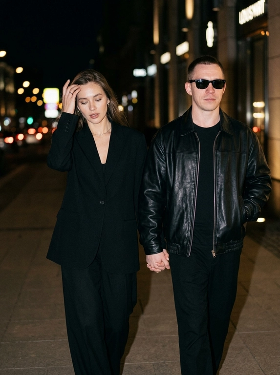 Ultra-realistic nighttime paparazzi-style photograph. A candid shot of a couple walking at night. The woman walks in front, brushing her hair back with one hand, while the man walks slightly behind her at a diagonal angle. They are holding hands. The camera is positioned slightly above eye level with a close zoom.
Preserve the celebrity magazine photography aesthetic exactly.
The faces MUST NOT change. The original facial features, eyes, nose, lips, hairline, and skin texture must remain completely identical. There should be no AI-generated look.

The man is wearing a loose oversized black leather jacket and Ray-Ban sunglasses. Charismatic, wealthy, and stylish look.
The scene is shot at night with a harsh paparazzi flash. In the background, there are blurred city lights and the atmosphere of a luxury venue. The photo should look as if a celebrity couple was secretly photographed by paparazzi, natural yet professionally captured.
Canon EOS R5, 85mm lens, ultra-realistic skin texture, cinematic lighting, natural motion, Vogue and celebrity magazine aesthetic.
IMPORTANT:
* The woman walks in front, the man walks behind.
* The woman appears to be brushing her hair back with one hand.
* The woman and man are holding hands.
* The shot should look as if a paparazzi flash has just fired.
* Do not alter, beautify, or transform the faces into different people.

Выберите одежду для девушки: : The woman is wearing a black old money outfit: relaxed yet extremely elegant, with an oversized black blazer or a loose black top, wide black trousers, and a luxurious minimal appearance. Quiet luxury aesthetic.