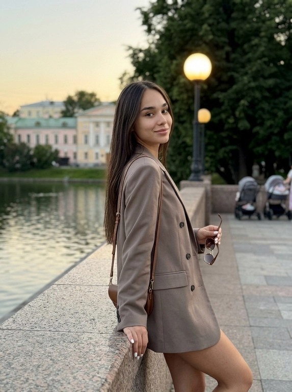 Девушка у гранитной набережной в московском парке