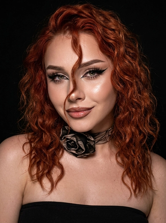 Крупный план лица женщины в стиле «высокой моды». Элегантный макияж: глаза с длинными острыми чёрными стрелками, длинные густые ресницы с эффектом «лучики», нижние ресницы также прокрашены. Хайлайтер во внутренних уголках глаз и на скулах. Губы слегка приоткрыты в лёгкой ухмылке, с лёгким блеском и светло-коричневым карандашом по контуру. Голова наклонена в сторону,  На ней чёрный топ из тканевого материала без бретелек. Тело и зона декольте подсвечены хайлайтером, на шее чёрная ткань. Высокая детализация текстур кожи, одежды и волос. Черты лица полностью сохранены, как на референсном фото. Фон чёрный, студийный, вокруг темнота, лицо освещено яркой лампой. 8K, тёмный минималистичный фон без лишних деталей. Гиперреализм, добавить зерно.

Какая будет прическа?: Волосы густые уложены в пляжные локоны, локон волос падает на лицо.