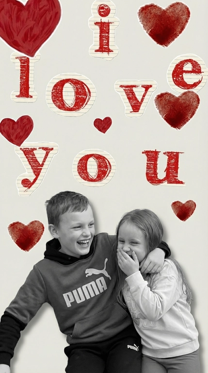 Используй загруженные фотографии людей и отдельно переданный фон с надписью "I love you" и красными сердцами и создай коллаж.
Размести людей внизу переданного фона. Не меняй внешность, одежду и возраст. Не омолаживай и не делай старше. Не добавляй взрослые или детские черты. Не изменяй форму лица и пропорции.
Они слегка наклонены друг к другу, создавая ощущение близости и живого движения. Тела расслаблены и немного поданы вперёд.
Естественные искренние эмоции — живой смех.
Один обнимает другого за плечи в спонтанном нежном жесте.
Второй прикрывает рот рукой во время смеха, глаза слегка прищурены от радости.
Переведи людей полностью в чёрно-белый контрастный монохром, сохранить естественные лица без искажений.
Фон оставить цветным без изменений. Не перекрывать буквы и символы на исходном изображении (фона).
Аккуратная вырезка, реалистичный свет, мягкие естественные тени, фотореализм.
Люди — чёрно-белые. Фон — цветной.