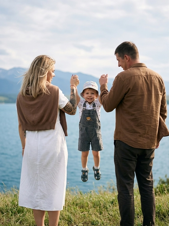 Ультрареалистичная кинематографичная семейная фотография на природе. Семья из трёх человек находится на травянистом холме у большого водоёма, на фоне далёких гор и мягкого облачного неба. Атмосфера тёплая, живая и искренняя, как случайно пойманный семейный момент.

Женщина стоит слева спиной к камере, на ней белое платье ниже колен, поверх плеч небрежно завязан коричневый свитер. Мужчина стоит справа спиной к камере, на нём коричневая рубашка и брюки. Оба родителя держат ребёнка за руки с двух сторон и слегка поднимают его в воздух между собой.

Родители повернули головы внутрь, в сторону ребёнка, и смотрят на него с улыбкой. Их лица видны только частично в мягком профиле или полупрофиле, основной акцент остаётся на ребёнке между ними. Ребёнок находится в центре кадра, повернут лицом к камере, подвешен в воздухе за руки, ноги слегка согнуты. На ребёнке светлая летняя одежда, выражение лица радостное, живое и естественное.

Композиция среднего плана, камера расположена немного ниже уровня глаз и направлена слегка вверх, подчёркивая силуэт семьи на фоне воды, гор и неба. Естественный мягкий дневной свет, натуральные цвета, лёгкий ветер в одежде. Фокус на ребёнке и семейном взаимодействии, фон слегка размытый, но озеро и горы остаются узнаваемыми.

Тёплая семейная атмосфера, candid family moment, cinematic grain, shallow depth of field, photorealistic, highly detailed, sharp focus, natural light, 8K quality.


Сколько лет ребенку?: 3