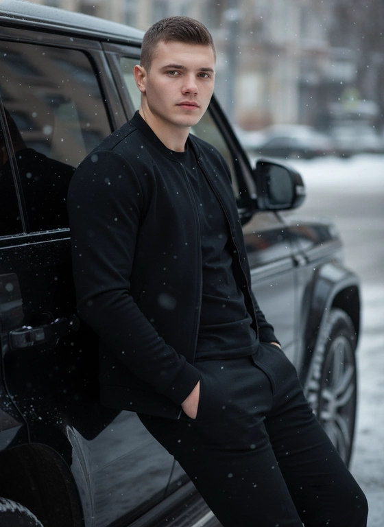 Создайте гиперреалистичное близкий портрет мужчины, облокотившегося спиной о чёрный дорогой внедорожник в зимнюю погоду. Он смотрит в камеру Его руки в карманах
Мужчина одет в стильный чёрный комплект, который сочетает элементы спортивного и классического стиля: чёрная куртка с минималистичным дизайном, слегка обтягивающая фигуру, и брюки, которые идеально сидят по фигуре, с утонченным, слегка спортивным кроем. Внутри куртки видна черная  футболка
Его лицо серьёзное, с лёгким акцентом на силуэт и выражение уверенности. Освещение холодное и мягкое, с небольшими снежинками, которые едва видны в воздухе, создавая атмосферу зимней свежести. Формат 9:16