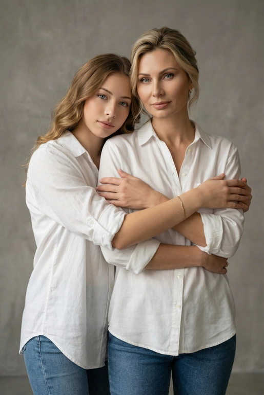 Используй эти два фото мамы и дочери и создай для них студийный портрет в чистом и элегантном стиле. Они стоят рядом, очень близко друг к другу. Дочь мягко обнимает маму за руку и слегка к ней прижимается со спины. Мама сложила руки перед грудью. Образ минималистичный, современный и стильный. На руке у матери тонкий золотой браслет. Профессиональный макияж и прическа.  Не менять черты лица ни на 1 процент. Фон — нейтральный серый с мягкой текстурой. Освещение рассеянное, мягкое, подчёркивающее естественные тона кожи. Атмосфера тёплая, нежная и спокойная, в стиле журнальной съёмки. Обе в свободных стильных белых рубашках с подвернутыми рукавами и джинсах.