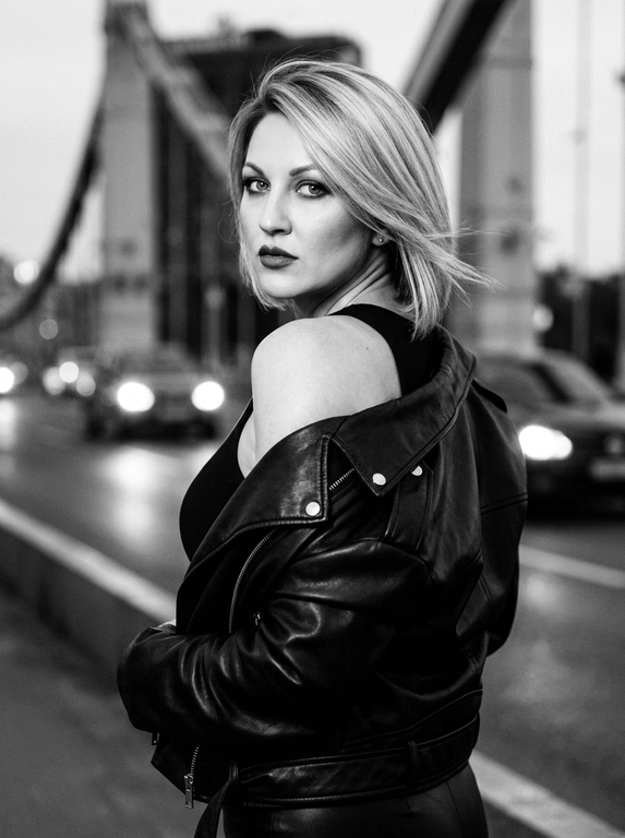 Используй внешность модели с фото. Фотореалистичное черно-белое фото в стиле модной редакционной съемки с эстетикой пленочной фотографии (зернистость, высокий контраст). Модель с волосами слегка растрепанными ветром. Она одета в черную, объемную кожаную куртку-косуху, которая небрежно спущена с левого плеча, открывая его. Под курткой надет черный облегающий топ. Поза: модель стоит вполоборота спиной к камере, но резко оборачивается и смотрит назад через плечо прямо в объектив. Выражение лица серьезное, дерзкое и чувственное, губы слегка приоткрыты, густые ресницы. Фон размыт, видны элементы конструкции моста и огни проезжающих машин вдали, создающие городскую атмосферу. Освещение естественное, подчеркивающее текстуру кожи и блеск кожи куртки. Высокое разрешение, 8k. Освещение мягкое и равномерное, без жестких теней, свет подчеркивает блеск жемчуга и страз, цвета насыщенные, но реалистичные. Высокая детализация, фотореализм, четкий фокус на лице, естественные пропорции.