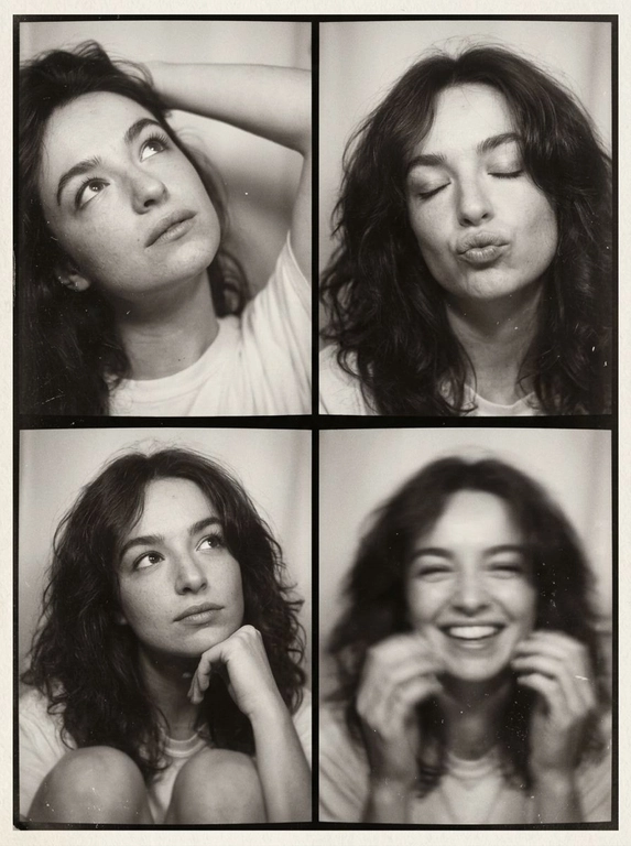 Photorealistic black-and-white vintage photobooth collage made of four frames in a 2x2 grid, separated by thin black dividers and surrounded by a slightly uneven paper border. Each frame shows the same woman in an intimate studio/photobooth setting against a plain light backdrop, captured with an authentic analog look: heavy film grain, soft contrast, halation, dusty scan artifacts, subtle scratches, and mild vignetting. Overall feel: 1990s/ early-2000s editorial photobooth print, raw and unretouched, candid "caught-between-moments" mood.
Use the uploaded photo as the basis and preserve the woman's face, makeup, likeness, and all original features without changing proportions or shape; keep natural facial micro-detail, pores, and subtle asymmetry, preserve the original head size.
Frame 1 (top-left): tight close-up, head tilted up and to the left, eyes looking upward, one arm raised behind the head, dreamy
Frame 2 (top-right): medium close-up, eyes closed, head slightly tilted, she subtly pushes/pouts her lips forward to show them (soft pout), calm playful mood; hair framing the face.
Frame 3 (bottom-left): medium close-up, seated with knees softly out of focus at the bottom, chin resting on one hand, gaze looking up to the right, thoughtful expression.
Frame 4 (bottom-right): medium close-up, the woman is laughing, but the frame is strongly blurred-heavy motion blur/defocus as if she moved during the shot; smile and face still recognizable, edges smeared, hair and hands noticeably streaked, imperfect photobooth misfire energy.
Print/scan look: monochrome with warm gray tones, slightly faded blacks, uneven exposure between frames, faint light leaks, paper texture visible, edges not perfectly straight, like a scanned photobooth print. High resolution, but intentionally imperfect, analog realism.