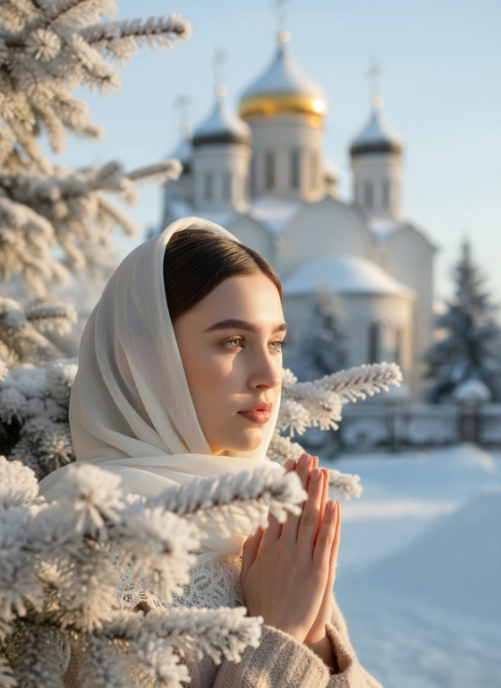 Создайте рождественское ИИ-фото в платке у церкви зимой