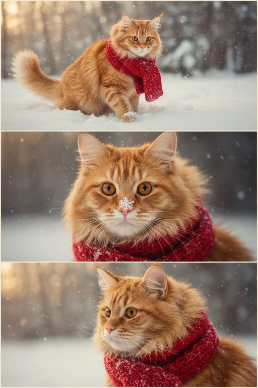     Коллаж из 3-Х фото моего питомца на зимнем фоне в снегу. Питомец в вязаном шарфе, вокруг падает снег, на заднем плане заснеженный лес.

Первый кадр — питомец в полный рост. Он играется со снегом 

Второй кадр — крупный план, увеличенный кадр мордочки питомца с одной снежинкой на носике. Мордочка питомца занимает весь кадр, взгляд прямо в камеру 
 
Третий кадр - портрет питомца, он смотрит в левую сторону. На фото виден шарф, на шарфу есть снежинки 

Три кадра объединены в вертикальный коллаж в едином тоне и свете. Атмосфера — реалистичная, теплая и немного кинематографичная.
Свет мягкий, утренний.  Цвет шарфа - красный 