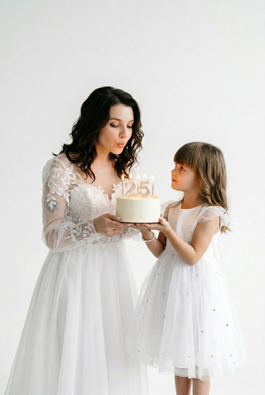 Фотореалистичный портрет в минималистичном стиле: на белом чистом фоне стоят взрослый человек и маленький ребёнок. Ребёнок держит торт и протягивает его взрослому человеку, чтобы он задул свечи с цифрой «». Фото выполнено с лёгкой зернистостью.
Атмосфера уюта, тишины и нежности. Высокая резкость, естественные пропорции, реалистичная фотография, художественный стиль.

Цифра на торте: 25 изменить вещи