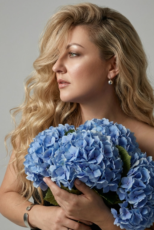 Создайте ультрареалистичный портрет, не меняя черты лица, крупным планом 3/4, с мягкой, освещённой кожей, атласной отделкой и естественным блеском, где женщина изображена в профиле. Спокойное и чувственное выражение лица, губы слегка полуоткрыты. Она носит серебряные серьги-шары и простой серебряный браслет на запястье.
Фон нейтральный, в светло-сером тоне, с тёмным, целенаправленным низким угловым освещением, которое подчёркивает контур лица, текстуру кожи и объём волос. Стиль редактирования — высокая мода, чёткий фокус 8K, реалистичная текстура, изысканная и элегантная атмосфера.


Длинные волнистые волосы покрывают часть лица объёмными локонами, выпадающими на лицо и плечо. 

Цветы: Держит в руках огромный букет голубых гортензий