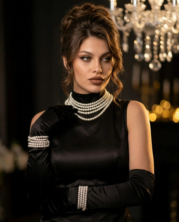 Hyper-realistic luxury fashion portrait of a woman, waist-up, wearing an elegant modest black satin evening gown with a covered neckline, long black opera gloves above the elbows, multiple strands of pearls wrapped around her wrists, and a dramatic layered pearl choker necklace. Her hair is styled in a sophisticated voluminous updo with soft loose curls framing her face. Head slightly tilted, gaze directed to the side, mysterious and confident expression.
Glamorous makeup with long lashes, sharp black winged eyeliner, softly defined eyes, sculpted brows, and matte brown-nude lips. Natural realistic skin texture with visible pores, no excessive smoothing.
Soft cinematic side lighting illuminates her face, hair, pearls, and the subtle shine of the black satin fabric, with deep elegant shadows and warm golden highlights. Dark luxurious evening interior in the background with a softly blurred crystal chandelier and warm golden bokeh lights. Shallow depth of field, intimate high-fashion editorial atmosphere, sophisticated old-money glamour, realistic hair strands, highly detailed jewelry and fabric, professional 85mm portrait photography, photorealistic, 8K, vertical 4:5.
