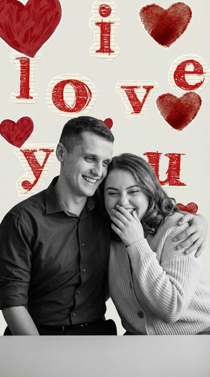 Используй загруженные фотографии людей и отдельно переданный фон с надписью "I love you" и красными сердцами и создай коллаж.
Размести людей внизу переданного фона. Не меняй внешность, одежду и возраст. Не омолаживай и не делай старше. Не добавляй взрослые или детские черты. Не изменяй форму лица и пропорции.
Они слегка наклонены друг к другу, создавая ощущение близости и живого движения. Тела расслаблены и немного поданы вперёд.
Естественные искренние эмоции — живой смех.
Один обнимает другого за плечи в спонтанном нежном жесте.
Второй прикрывает рот рукой во время смеха, глаза слегка прищурены от радости.
Переведи людей полностью в чёрно-белый контрастный монохром, сохранить естественные лица без искажений.
Фон оставить цветным без изменений. Не перекрывать буквы и символы на исходном изображении (фона).
Аккуратная вырезка, реалистичный свет, мягкие естественные тени, фотореализм.
Люди — чёрно-белые. Фон — цветной.