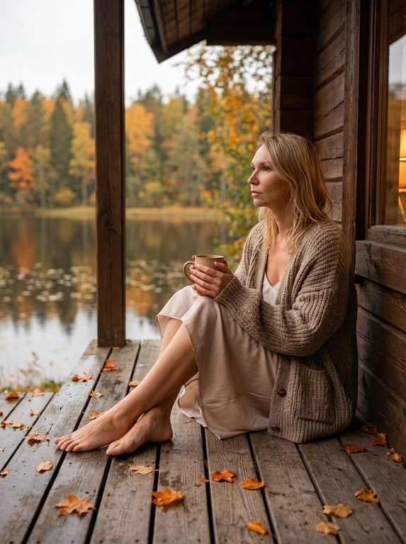 A cozy cinematic photo of a woman sitting on the wooden porch of a rustic lakeside cabin in autumn. She is wearing a cozy oversized knitted cardigan over a light slip dress, holding a warm ceramic mug with both hands. Barefoot, sitting with legs curled up slightly, looking away thoughtfully towards the scenic view of a lake and autumn forest with fallen leaves scattered on the wet wooden floorboards. Soft warm interior lighting blending with overcast daylight, rich warm brown and orange color tones, moody, peaceful, highly detailed, photorealistic.