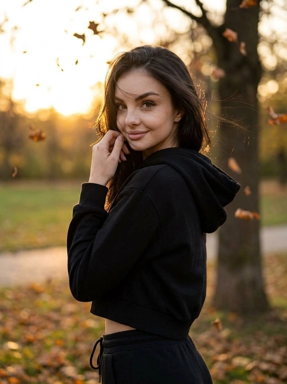 Фотореалистичная lifestyle-фотография женщины на улице в парке в осенний сезон. На заднем плане крепкие деревья, с которых уже начинает осыпаться листва. На горизонте мягкое яркое сияние рассвета или заката, создающее тёплую атмосферу и красивую естественную подсветку.

Стиль фотографии — модный уличный кадр с эффектом живой фотосессии, снятой на естественном свете. Основная палитра строится на тёплых оттенках закатного неба, осенней листвы и контрасте тёмной одежды. Атмосфера спокойная, лёгкая и немного мечтательная.

Женщина стоит в пол-оборота к камере, корпус слегка развёрнут в сторону, голова повернута назад через плечо. Она смотрит в камеру с лёгкой мягкой улыбкой. Одна рука слегка приподнята и находится рядом с лицом, поза выглядит естественной, расслабленной и непринуждённой, без ощущения постановки.

Волосы слегка развеваются от воздуха.

На женщине  Свободный чёрный укороченный худи с капюшоном, который мягко прикрывает часть шеи и плеч. Образ casual, простой, расслабленный и стильный, хорошо контрастирует с тёплым осенним светом.

Кадр снят немного дальше: женщина показана примерно до верхней части бёдер, чуть ниже линии ягодиц, чтобы лучше читались поза и силуэт. Композиция сохраняет акцент на лице, выражении и атмосфере, но даёт больше воздуха и пространства вокруг.

Освещение полностью естественное, мягкое и тёплое, с деликатным свечением от заката или рассвета. Фотография выглядит как дорогой, но живой кадр для Pinterest или социальных сетей: реалистичная текстура кожи и ткани, без глянцевой ретуши, без эффекта пластика, без ИИ-сглаживания.


Доп. характеристики: На фотографии не должно быть видно зубв
