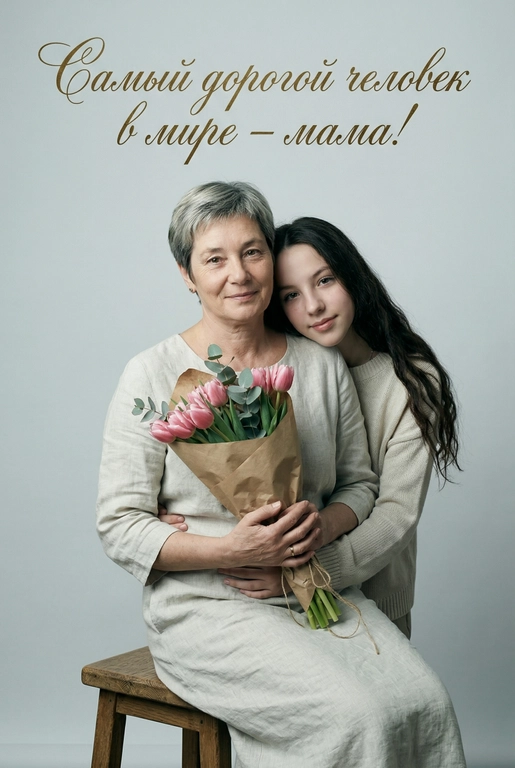 Создай трогательный кадр из профессиональной фотосессии в студии, где запечатлен момент близости матери и ее ребенка/детей. Дети могут быть как взрослыми так и детьми, в зависимости от предоставленных фото. Сделай так, чтобы все они смотрелись гармонично и трогательно. Мама одета в светлое платье. Ее дети/ребенок одеты в подходящую по стилю фотосессии. Освещение холодное. Фон светлый, бесшовный. Фото в стиле Энни Лейбовиц, четкий фокус. У мамы в руках букет розовых тюльпанов и эвкалипта в крафтовой бумаге. Люди смотрят в камеру с мягкой улыбкой. Наверху поверх фото красивым рукописным шрифтом с завитками написано: 

Самый дорогой человек в мире – мама!