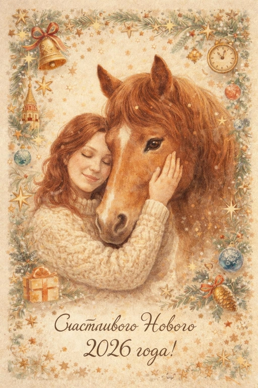 Создай новогоднюю открытку в сказочном, иллюстративном стиле.
Нежная живописная иллюстрация: человек в уютном вязаном свитере обнимает лошадь, прижавшись щекой к её морде. Лошадь спокойная, тёплого рыже-каштанового оттенка, с мягким выражением глаз.
Композиция центральная, фигуры по пояс, ощущение близости, тепла и доверия.
Фон светлый, кремовый, с текстурой старой бумаги.
Вокруг — декоративная рамка из звездочек и новогодних символов в стиле советских и европейских открыток середины XX века.
Цветовая палитра мягкая, пастельная: бежевые, молочные, карамельные, теплые коричневые оттенки.
Лёгкий эффект акварели, мягкие штрихи, ручная иллюстрация, без фотореализма.
Тонкое зерно, эффект печатной открытки, слегка выцветшие краски.
Атмосфера: уют, сказка, тепло, спокойствие, новогоднее чудо.
В нижней части открытки — надпись: «Счастливого Нового 2026 года!»
Шрифт рукописный, элегантный, винтажный, гармонично вписанный в композицию.