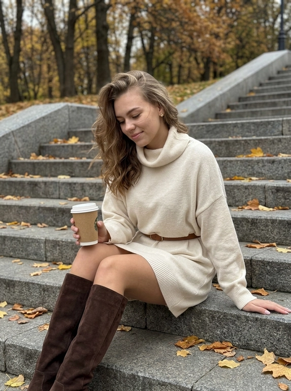 Ультрареалистичный дорогой lifestyle-снимок. В кадре женщина с объёмными распущенными волосами, уложенными с выраженным боковым объёмом. Несколько тонких прядей естественно падают на лицо.

Женщина сидит на широкой серой каменной лестнице в осеннем городском парке. Корпус слегка развёрнут в сторону камеры, ноги согнуты и направлены по диагонали вперёд. Одной рукой она держит закрытый стакан кофе навынос с крышкой, вторая рука свободно опирается ладонью на ступень рядом с телом. Голова слегка опущена и повернута в сторону, взгляд направлен вниз, на лице мягкая естественная полуулыбка.

На ступенях лежат сухие жёлтые и оранжевые опавшие листья. На заднем плане видны серые каменные ступени и осенние деревья с редкой листвой. Фон хорошо читается и не размыт.

Ракурс немного сверху вниз и слегка сбоку, камера расположена достаточно близко. Вертикальный кадр примерно от головы до колен, с лёгкой перспективой смартфона. Женщина занимает основную часть кадра. Естественный пасмурный дневной свет, мягкие тени, спокойная осенняя цветовая гамма из серых, коричневых, чёрных и приглушённо-золотых оттенков.

Мобильная съёмка на iPhone 17 Pro Max. Живое естественное фото без постановочного глянца и сильной ретуши. Натуральная текстура кожи, высокая детализация волос, камня и опавших листьев. RAW, realistic lifestyle photography, subtle smartphone sharpness, без размытия фона, без текста и водяных знаков.

Какая будет одежда?: На женщине мягкое объёмное платье-свитер кремового оттенка длиной до середины бедра, с высоким воротом и длинными свободными рукавами. Талия слегка подчёркнута тонким кожаным ремнём. На ногах высокие тёмно-коричневые замшевые сапоги до колена. В ушах небольшие золотые серьги. Образ уютный, дорогой и идеально вписывается в осенний парк.