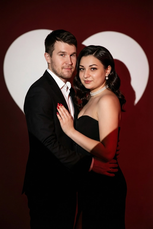 Фотореалистичный редакционный крупный портрет по пояс для пары по референсным фото. Мужчина и женщина позируют вместе, стоят близко. Мужчина одной рукой приобнимает женщину за талию. Фон: тёмно-красный студийный задник, большое белое сердце, проецируемое на стену. Сохранить внешность обоих: реальные черты лица, естественная текстура кожи, реальный цвет и длина волос, без ретуши и изменений. Женщина: облегающее чёрное вечернее платье без бретелей с небольшим разрезом, жемчужный чокер, жемчужные серьги, красный маникюр. Поза в три четверти, спина слегка выгнута, одна рука на поясе или касается руки мужчины. Лёгкая улыбка, взгляд в камеру. Мужчина: чёрный классический костюм, белая рубашка. Прямая осанка, уверенная поза. Взгляд в камеру, легкая улыбка. Свет: драматическое боковое студийное освещение, высокий контраст, чёткие тени на фоне. Композиция: вертикальный кадр по пояс, пара в центре, негативное пространство вокруг сердца. Стиль: фотореализм, модная редакционная съёмка, кинематографическая цветокоррекция (тёплые красные, глубокие чёрные), высокая детализация. Голливудская волна, пробор лёгкий боковой. Верхняя зона чуть приподнята у корней, концы — оформленные волной. 