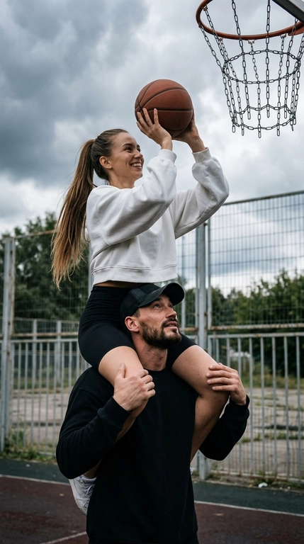 Фотореалистичный кинематографичный кадр на уличной баскетбольной площадке, вертикальный формат 9:16. Женщина сидит на плечах мужчины прямо под баскетбольным кольцом и готовится сделать бросок. Она держит баскетбольный мяч обеими руками над головой, локти слегка согнуты, взгляд направлен на корзину, на лице широкая естественная улыбка. Мужчина стоит устойчиво, слегка наклонившись вперёд, поддерживает женщину обеими руками за ноги и смотрит вверх в сторону кольца.

На женщине укороченный дизайнерский белый свитшот свободного кроя из плотного премиального хлопка, облегающие чёрные велосипедки чуть выше колен с высокой посадкой из гладкой эластичной ткани и высокие спортивные носки. Свитшот имеет чистый архитектурный крой, объёмные рукава и аккуратную линию низа, без принтов, надписей и крупных логотипов. Образ выглядит дорого, современно и лаконично.

На мужчине плотный дизайнерский чёрный лонгслив оверсайз из тяжёлого премиального хлопка с широкими рукавами и минималистичным кроем. Нижняя часть его одежды почти не попадает в кадр, видна только небольшая часть пояса свободных спортивных брюк из мягкой структурной ткани. Одежда без принтов и заметных логотипов, с дорогой фактурой материалов, безупречной посадкой и реалистичными складками.

Камера расположена немного ниже уровня лиц и направлена слегка вверх. Кадр снят с близкого расстояния, плотная вертикальная композиция. Мужчина показан от пояса и выше и занимает нижнюю половину кадра, женщина находится по центру, сидя на его плечах. Её ноги частично входят в кадр по сторонам от его корпуса, без необходимости показывать обувь. Баскетбольный мяч расположен над её головой, а кольцо с металлической цепной сеткой находится справа в верхней части кадра и частично входит в композицию. На заднем плане видны металлический забор площадки, деревья и пасмурное драматичное небо. Фон остаётся различимым, без сильного размытия.

Мягкий рассеянный дневной свет в пасмурную погоду, затемнённая холодная цветокоррекция, глубокие тени, умеренно высокий контраст и приглушённые оттенки. Живой случайный момент, спортивный lifestyle-кадр с эстетикой дорогой fashion-кампании, натуральные эмоции и естественная динамика. Натуральная текстура кожи, видимые поры, реалистичная фактура ткани, лёгкий цифровой шум и выраженное плёночное зерно. Без пластикового сглаживания кожи, без beauty-фильтра, без чрезмерного HDR, без CGI, без AI-глянца, без текста и водяных знаков.


Какая будет прическа у женщины?: Волосы собраны в высокий длинный хвост, который свободно спускается за спиной.