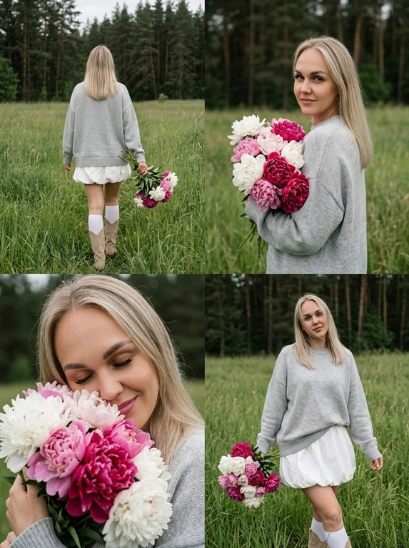 Создать фотореалистичный коллаж из четырех lifestyle fashion-фотографий в единой эстетике. Все кадры сняты на Canon EOS R5, объектив 85 mm, мягкий пасмурный дневной свет, легкая недоэкспозиция, RAW photo, натуральные цвета, живая атмосфера, без ретуши, без HDR, без искусственного размытия. кожа с ровным сияющим тоном, розовые губы с легким сатиновым блеском, аккуратные брови, мягкий luxury nude makeup, естественная текстура кожи без ретуши.

Верхний левый кадр: Женщина снята со спины, идет по высокой зеленой траве к сосновому лесу. В правой руке держит большой букет белых, нежно-розовых и насыщенно-малиновых пионов. На ней объемный светло-серый вязаный oversize-свитер, короткая белая юбка-баллон, белые высокие носки и светлые замшевые казаки.

Верхний правый кадр: поясной портрет. она поворачивается через плечо к камере, смотрит прямо в объектив с мягкой уверенной полуулыбкой. Букет прижат к груди, волосы свободно развеваются. На фоне высокая луговая трава и темный сосновый лес.

Нижний левый кадр: крупный портрет. Она прижимает пышный букет пионов к лицу, глаза закрыты, легкая счастливая улыбка. Цветы частично закрывают лицо, акцент на текстуре лепестков, естественной коже и волосах.

Нижний правый кадр: съемка в полный рост. Она стоит среди высокой травы, слегка развернув корпус в сторону, смотрит прямо в камеру сквозь пряди волос. Букет лежит на согнутой руке, другая рука расслабленно опущена. Свитер свободно спадает по фигуре, белая юбка-баллон создает легкий объем. Атмосфера спокойного летнего вечера, природная эстетика, premium editorial fashion photography.

Доп. характеристики: Внешность и прическу оставить так же,