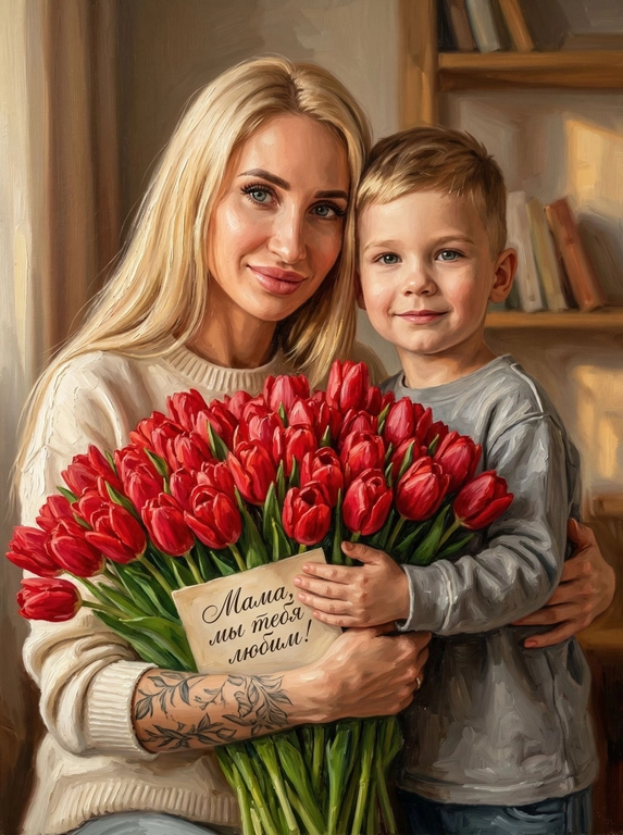 Схожесть 100%, не менять черты лица. Гиперреалистичные вертикальное изображение — точная копия персонажей с референсной фотографии. Персонажи с фотографии мягко улыбаются и обнимают огромный букет красных тюльпанов. Все персонажи одеты в нейтральную повседневную одежду без ярких деталей. Стиль: густая масляная живопись с выраженными мазками (oil painting, heavy brushstrokes). В букет вставлена открытка. На открытке каллиграфическая надпись. Мягкий солнечный свет, малая глубина резкости, создающая ощущение уюта и тепла.

Какая будет надпись?: На открытке надпись "Мама, мы тебя любим! "